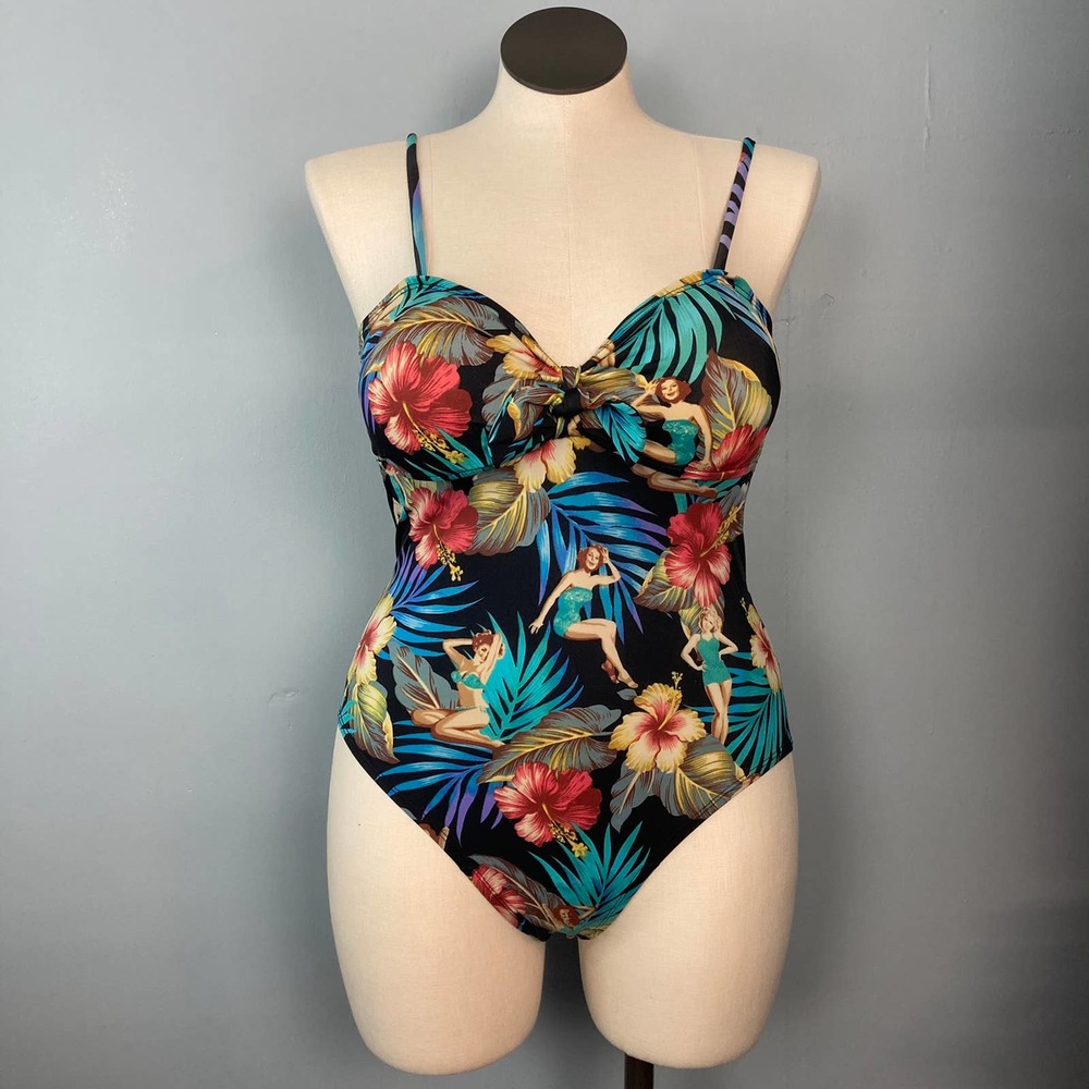 Kathy Ireland Tropical Floral One Piece Swimsuit - Black and Multicolor